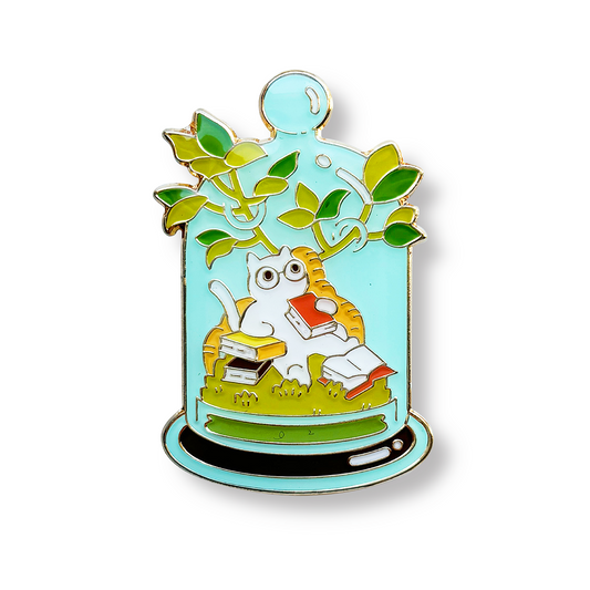 Terrarium Cat Enamel Pin - Reading Cat