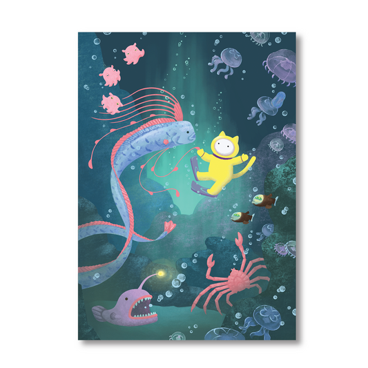 5 x 7 Curious Cat Art Print - Deep Sea