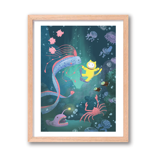 8 x 10 Curious Cat Art Print - Deep Sea