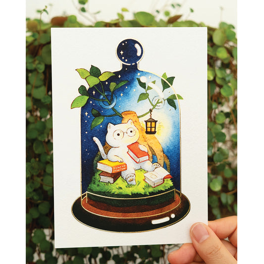 5 x 7 Terrarium Cat Art Print - Reading Cat